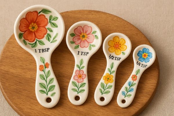 Premium Ceramic Measuring Spoons Set Cute Hand Painted Flower Design Decorative Spoons For Baking Cooking Food Photography