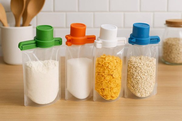 Innovative Food Sealing Bag Clips With Pour Spout Smart Measuring Cap Kitchen Gadget For Flour Sugar Cereal Oats