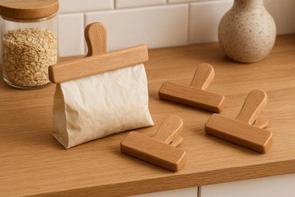 Elegant Wooden Food Bag Sealing Clips Natural Beechwood Magnetic Clamps For Aesthetic Kitchen Pantry Counter Storage Decor